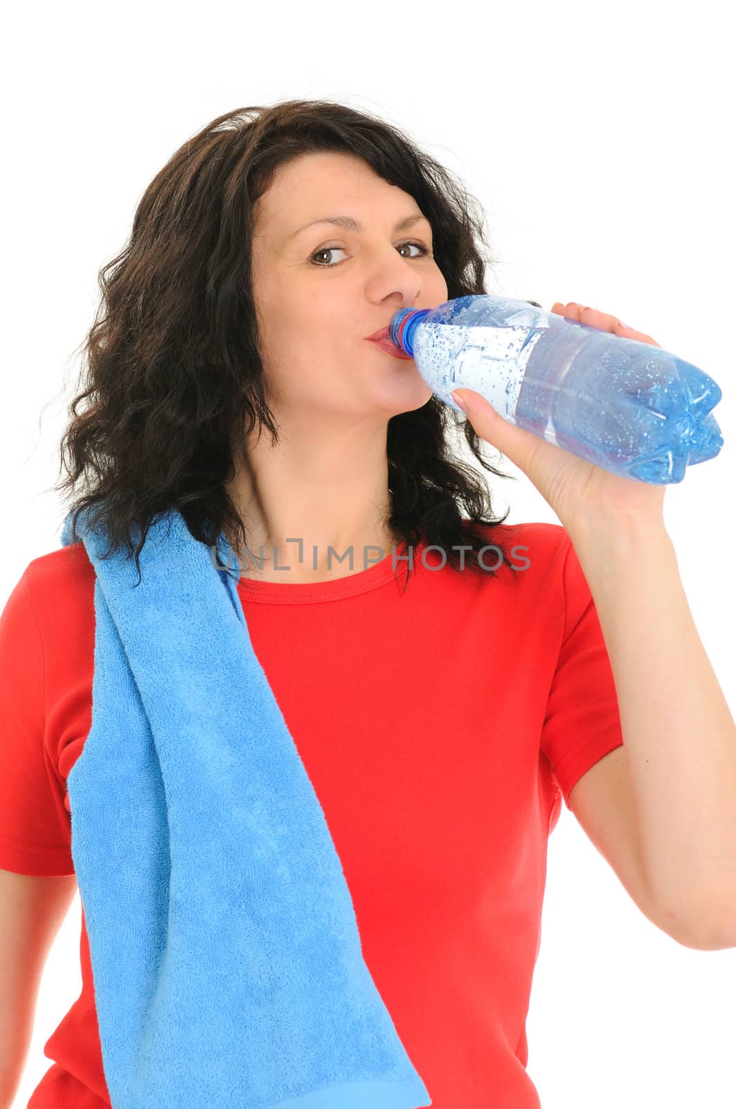 The woman with a bottle of water isolated on white background