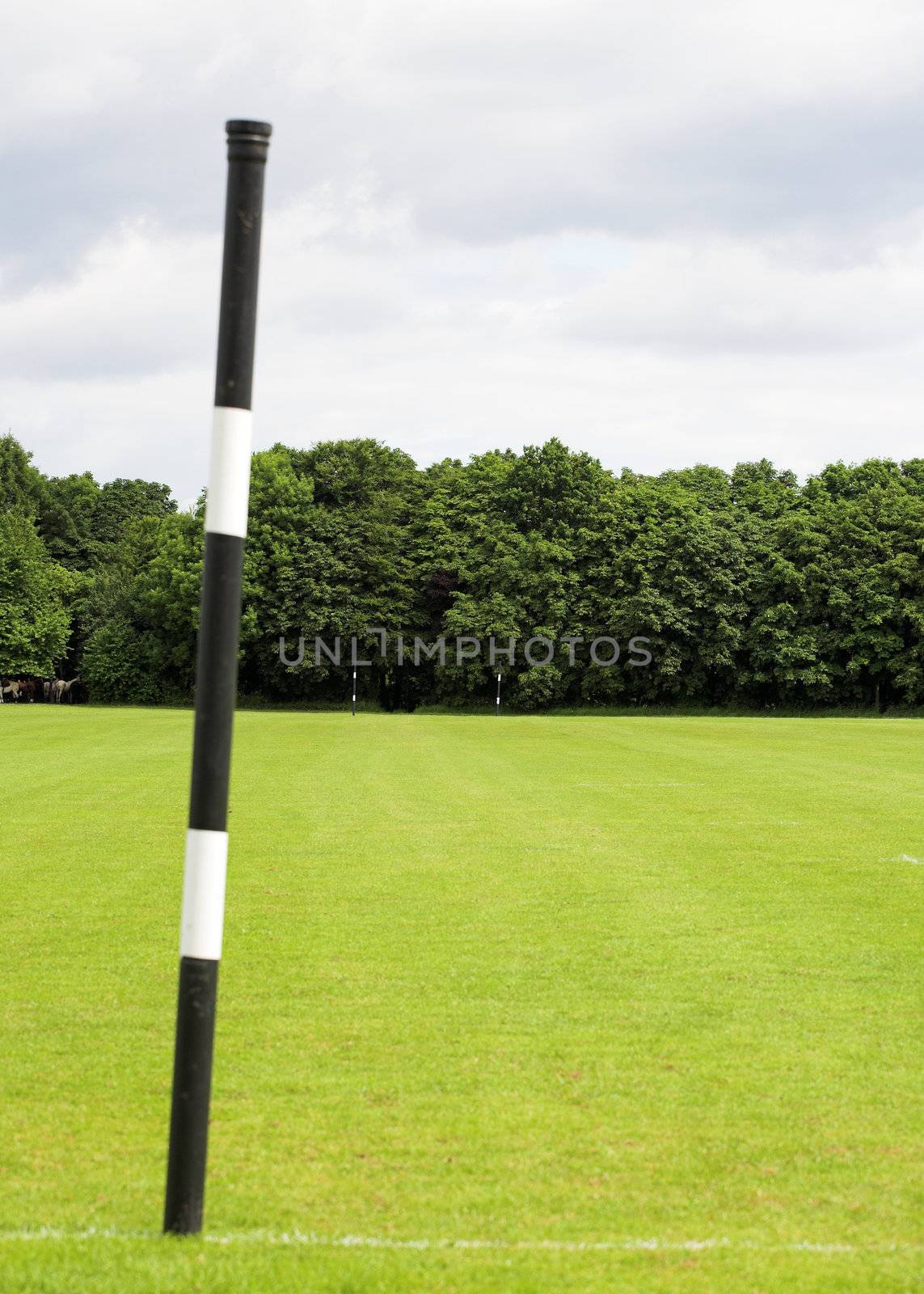 View of a polo field with far goal posts in focus.