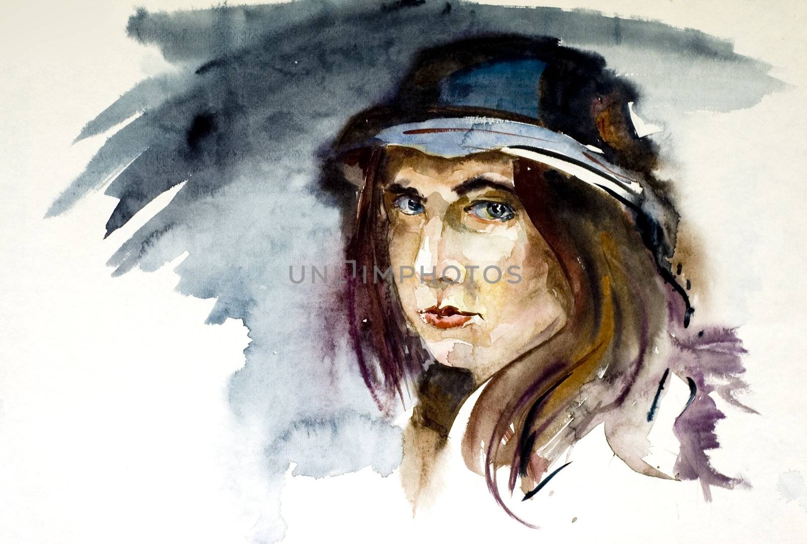 portrait woman painting in water-colours. Academical art