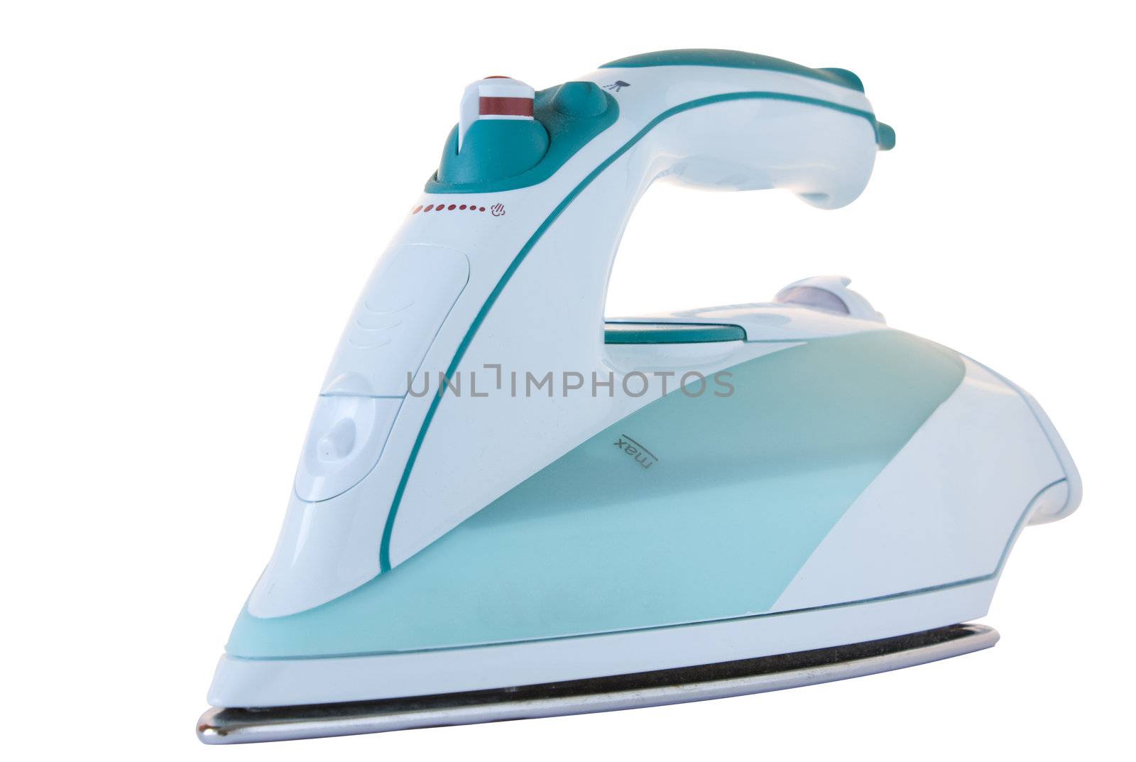 Modern electric iron with a corrosion-proof sole it is white - green color