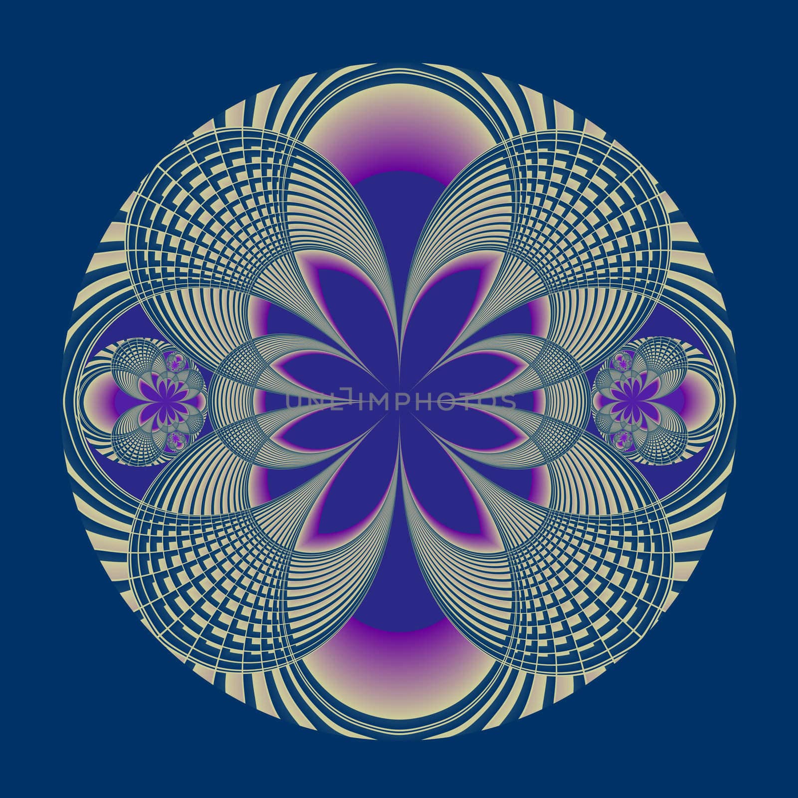 An abstract fractal done in shades of blues, greens, and purples with blue/green and tan arches that meet in the center of the motif.