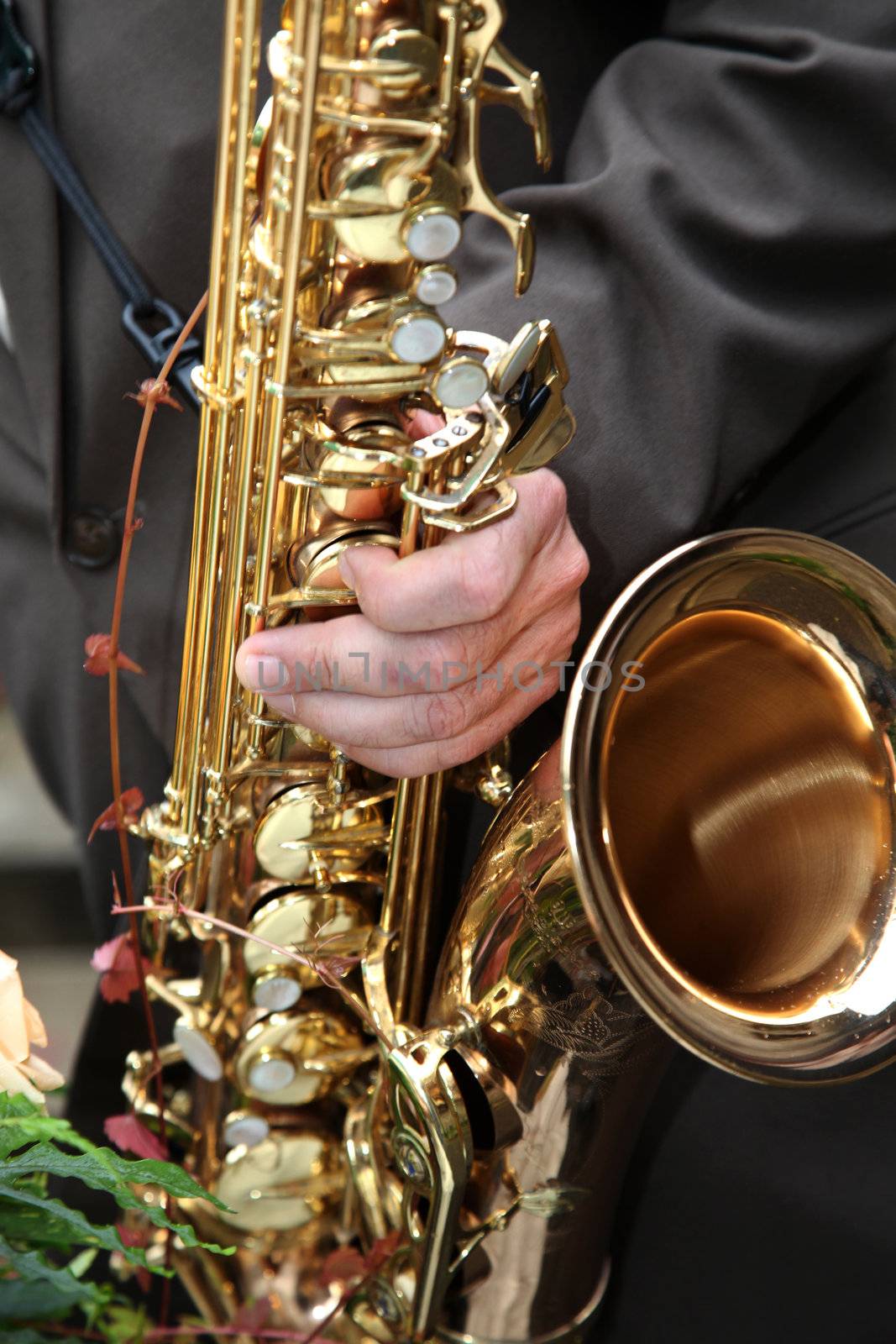 A saxophone player plays saxophone-only the saxophone can be seen