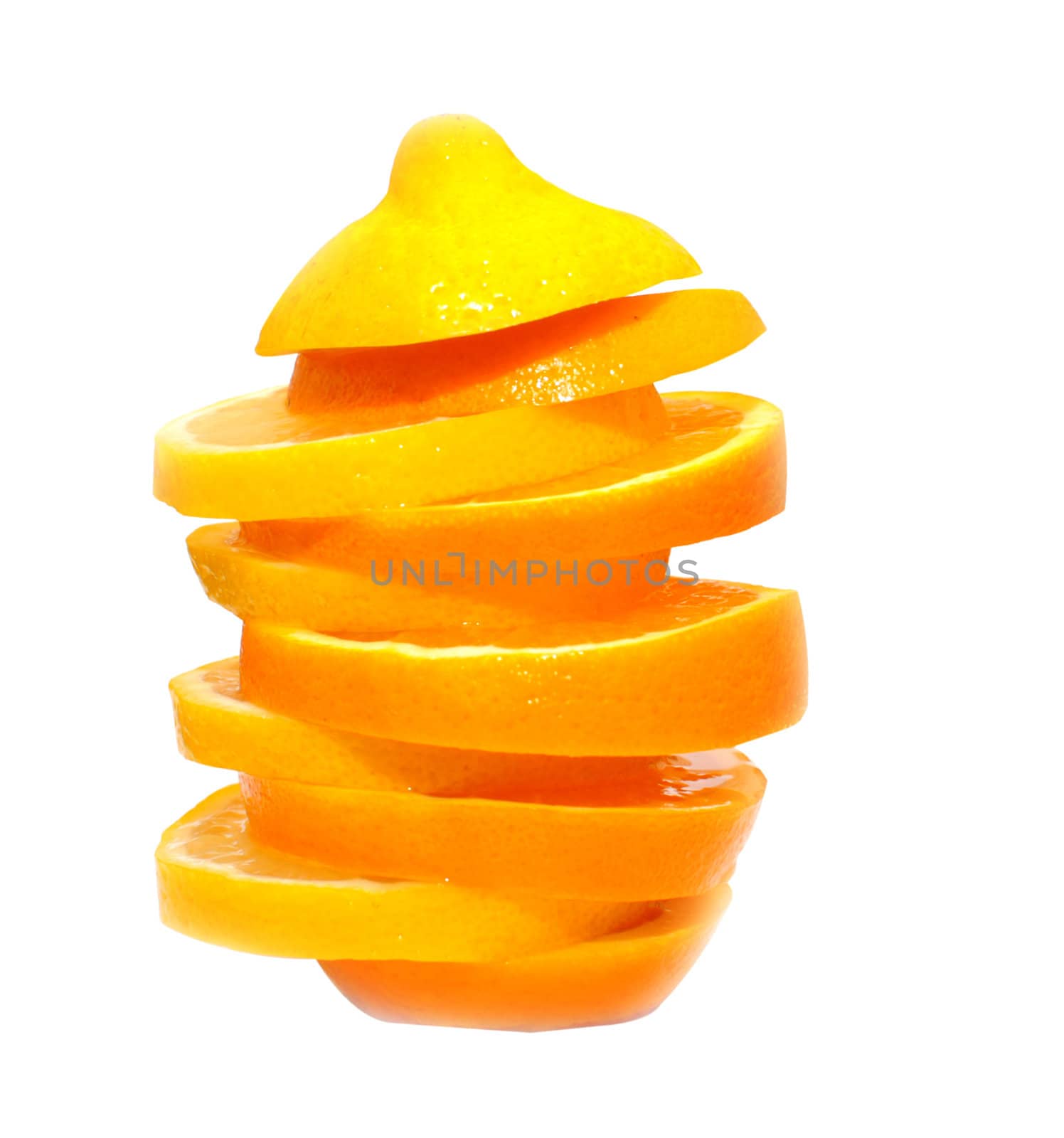 orange with lemon cut with segments on white background