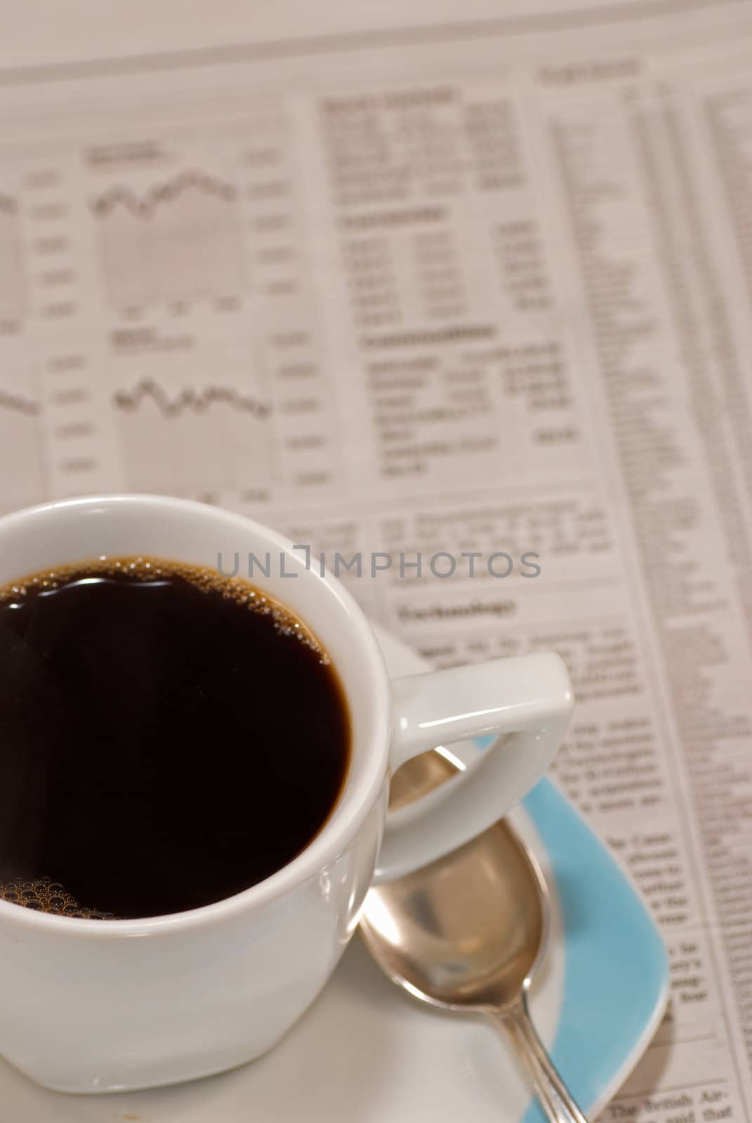 A hot early morning coffee while checking the financial news