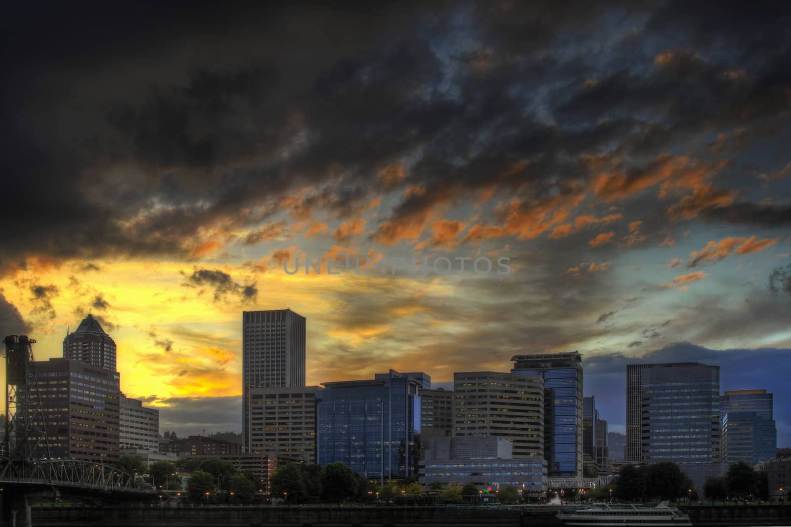 Dramatic Sunset Sky Over Portland Oregon Skyline