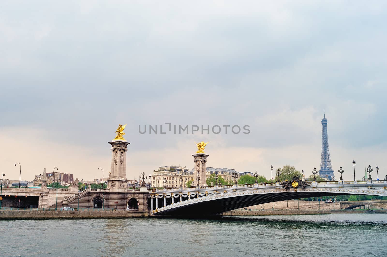 View of bridge Alexander III and Eiffel tower in Paris