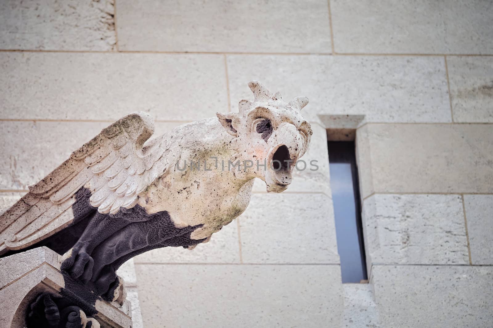 Gargoyle at ledge wall in church Notre Dame in Paris