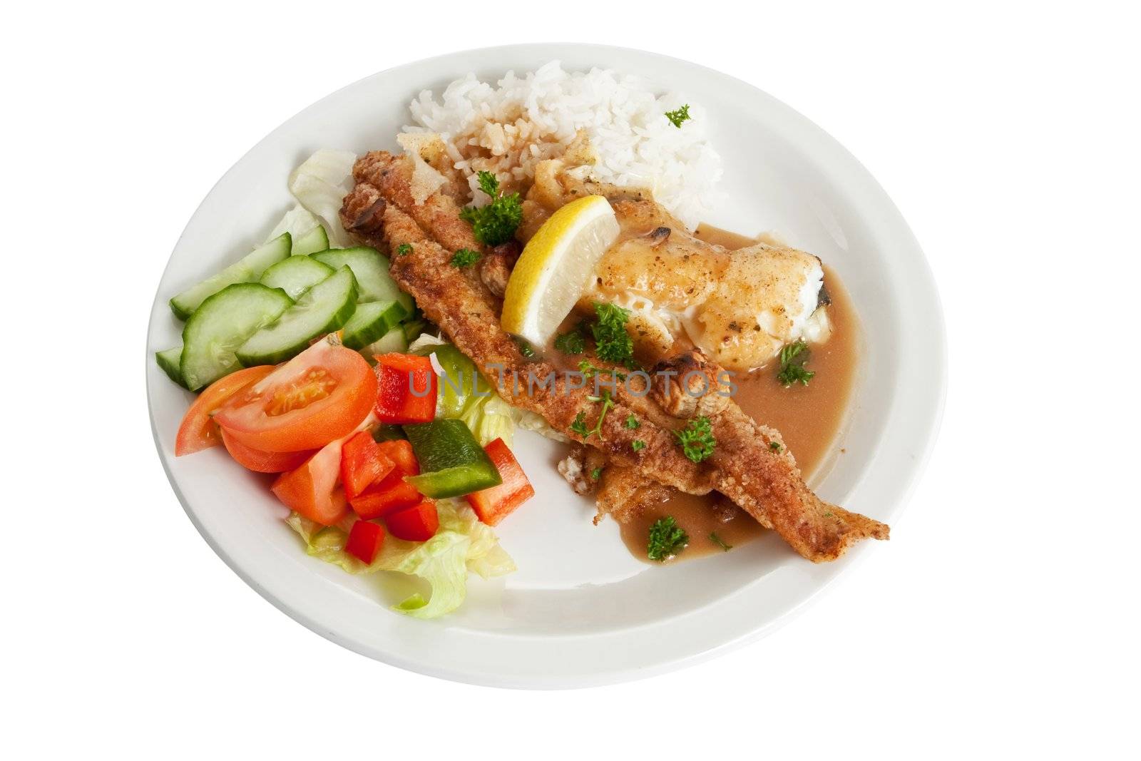 A dish of fried fish and rice with the recomended amount of food for an average sized person.