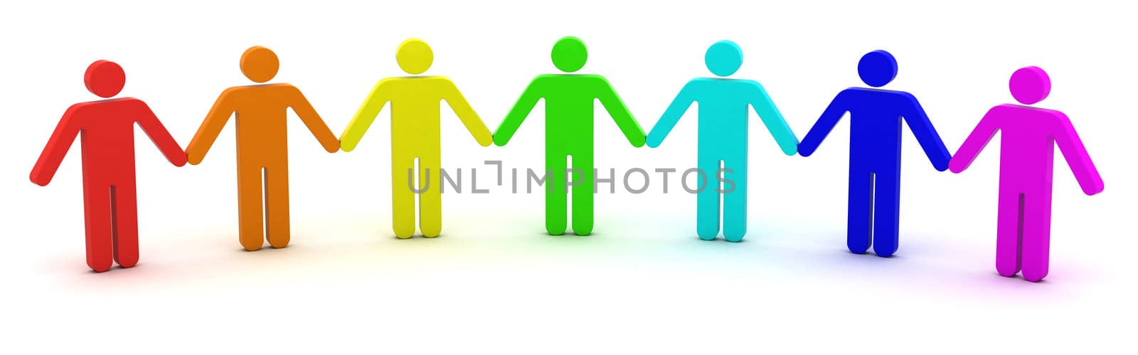 Group of people standing in a row. 3d objects isolated on the white background.