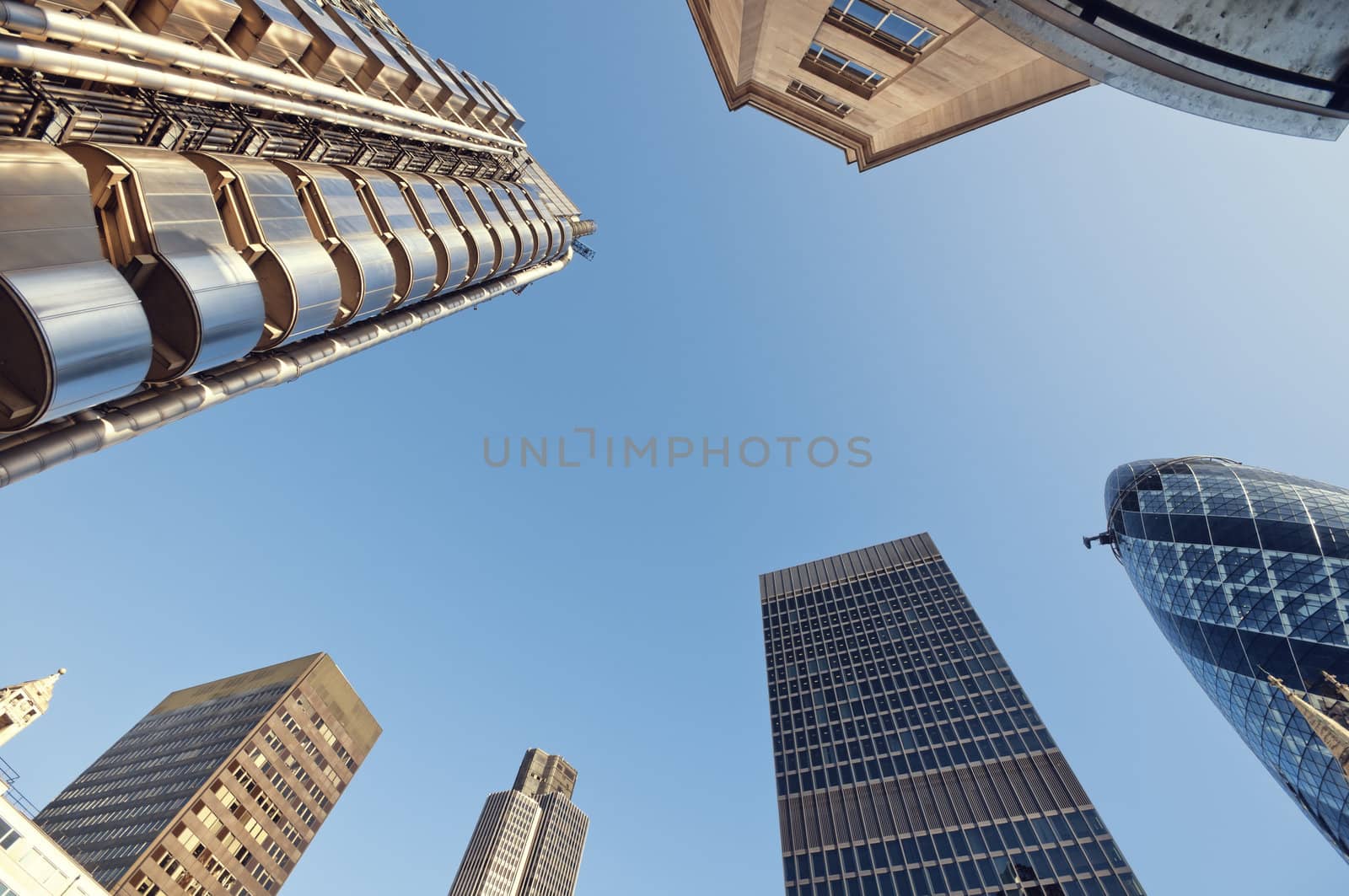 Skyscrapers in City of London.(Lloyd`s of London, Tower 42, Aviva and "The Gherkin")