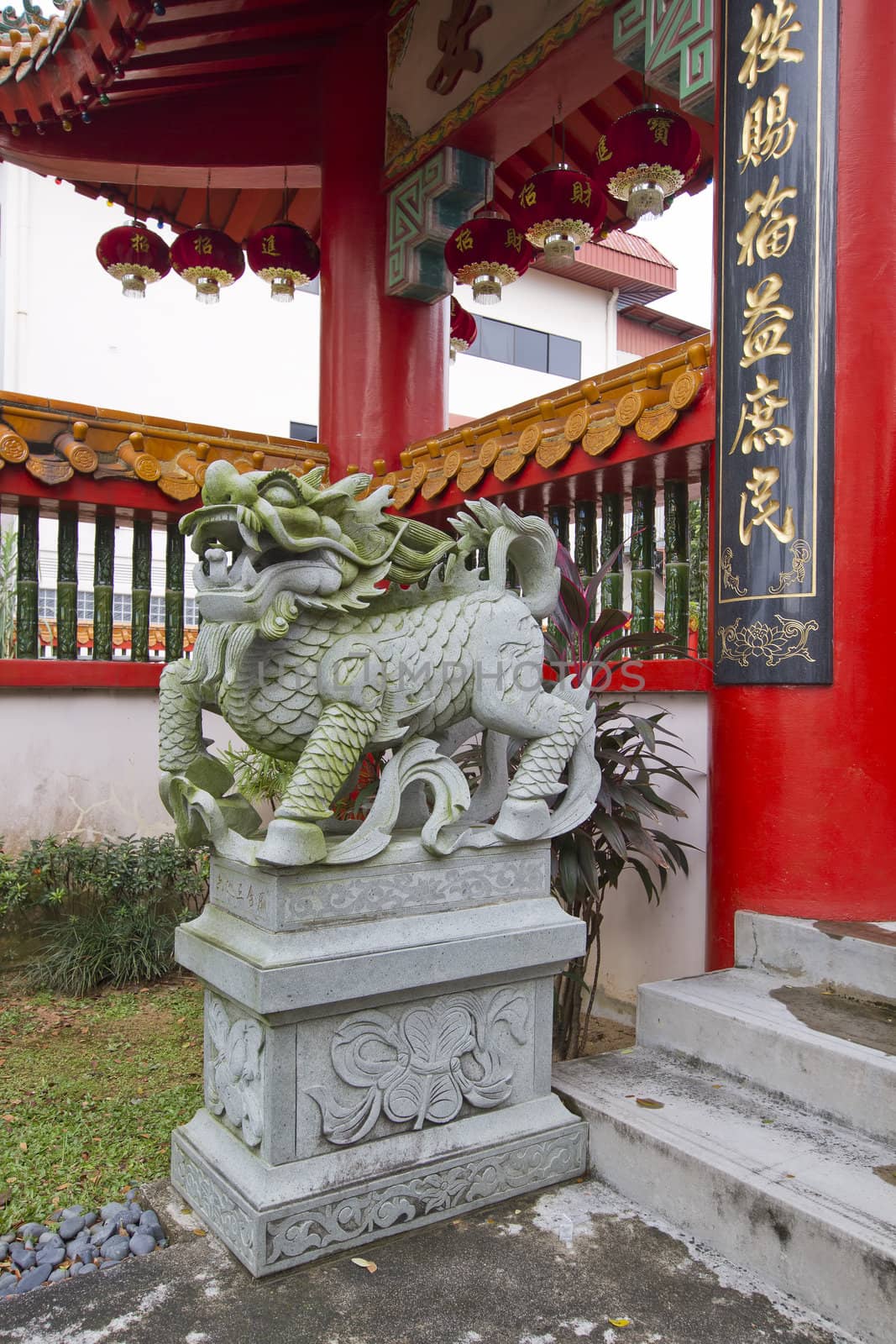 Dragon Stone Statue by Chinese Temple Main Entrance