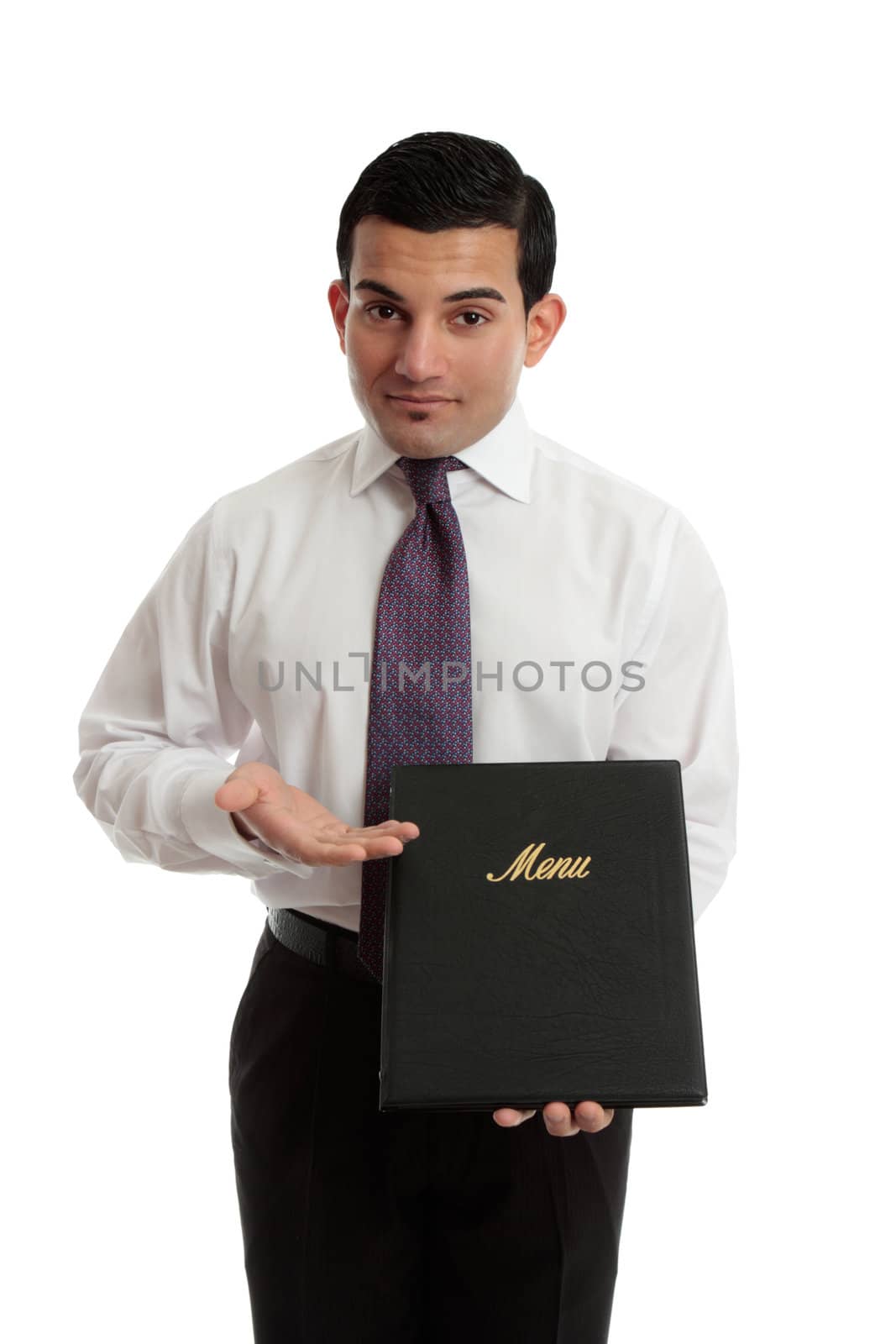 A businessman restauranteur presenting, showing a leatherbound menu.