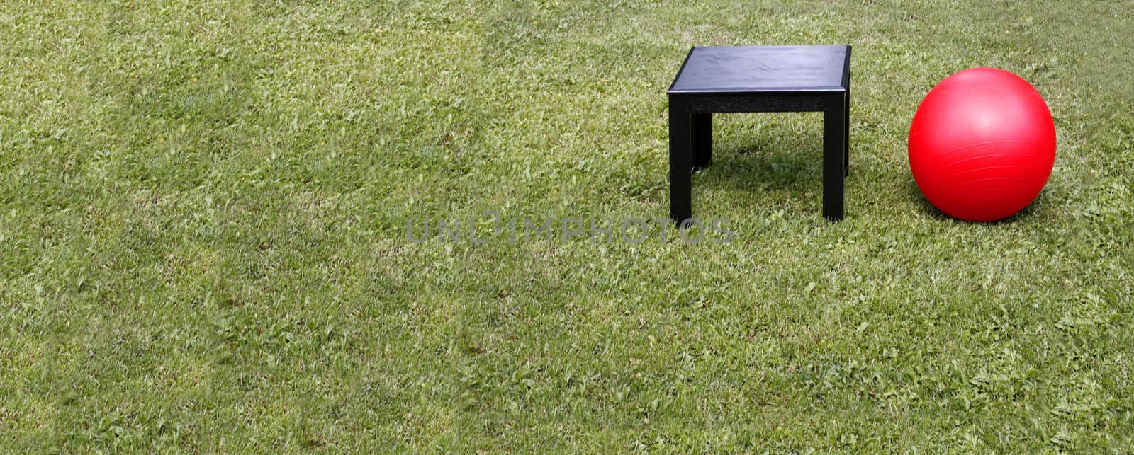 Black table and red ball on the grass