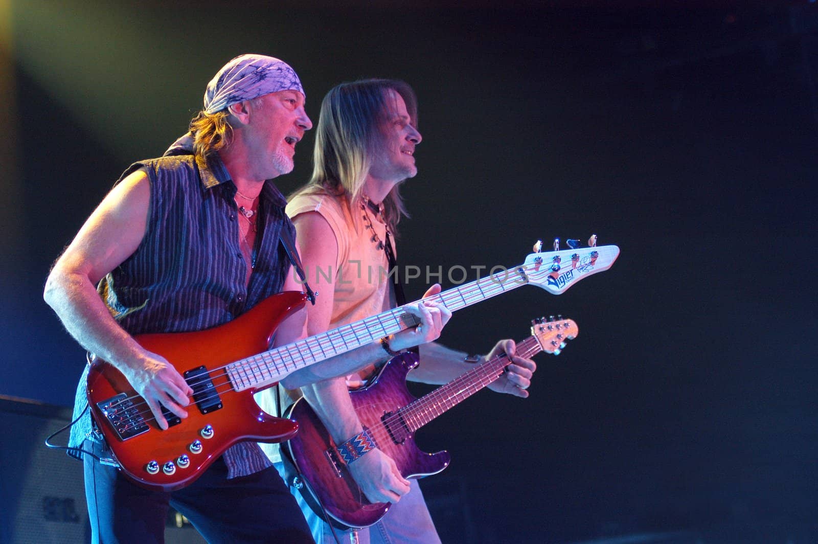 BRNO, CZECH REP., FEBRUARY-22: Steve Morse(R) and  Rodger Glover (L) from British band Deep Purple in performance at the hall Rondo February 22, 2006 in Brno, Czech Republic. The group arrived as part of tour for the new album Rapture Of The Deep. by haak78