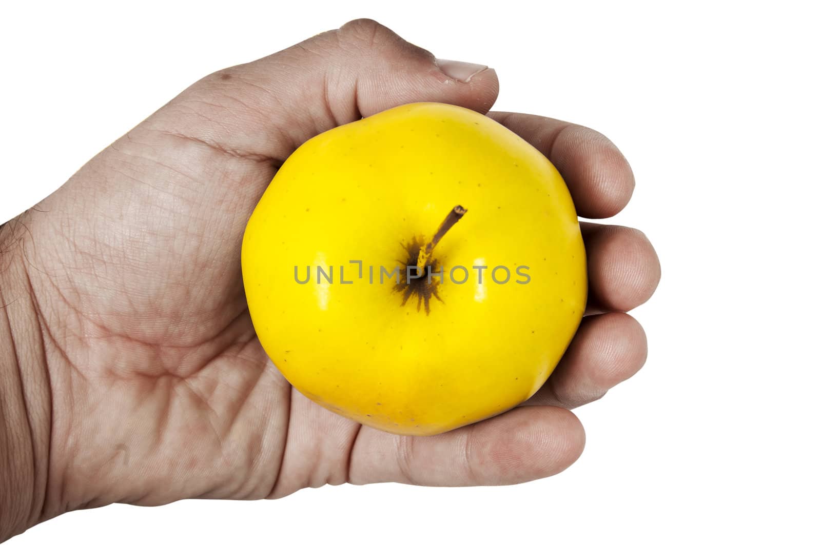 yellow apple with hand on white background by peus