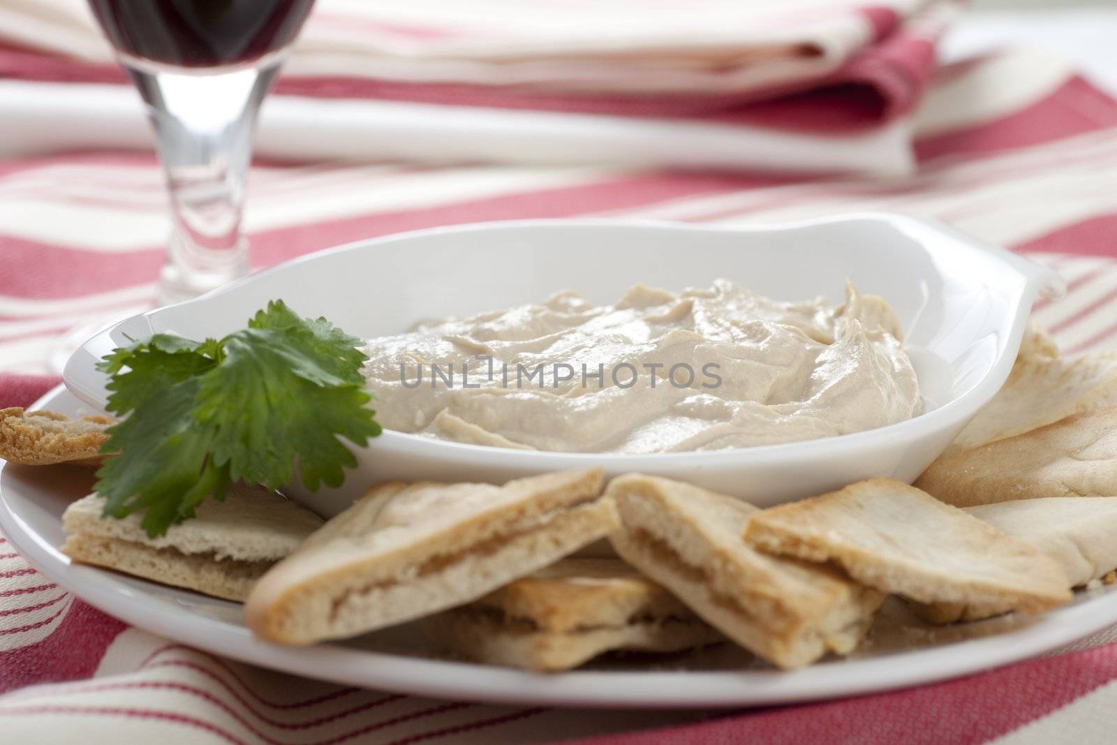 Hummus plate with pita chips and cilantro garnish.