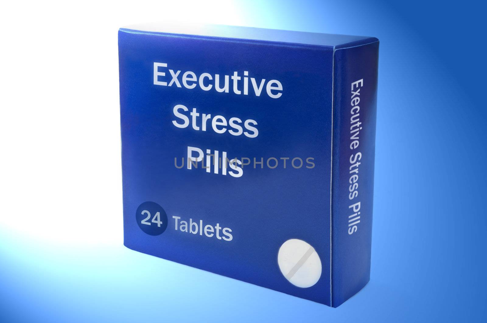Close up on a blue medication box with the words 'Executive stress pills' arranged over blue light filter.