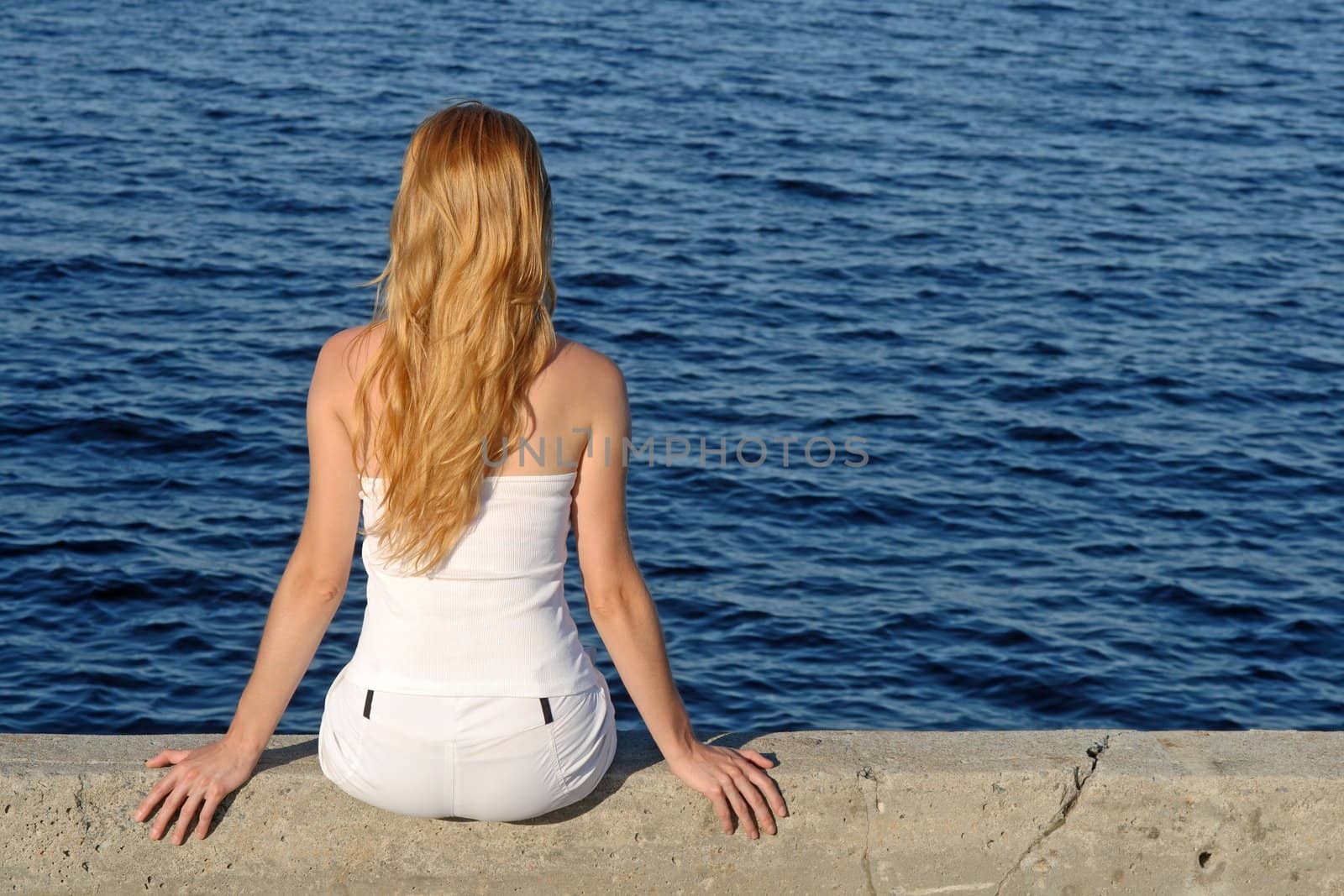 Longhaired girl sitting by the sea by anikasalsera