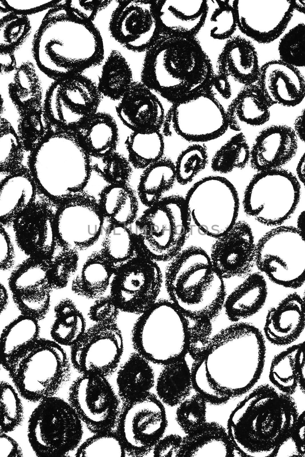 Black and white bubbles background. Drawn by hand with charcoal.