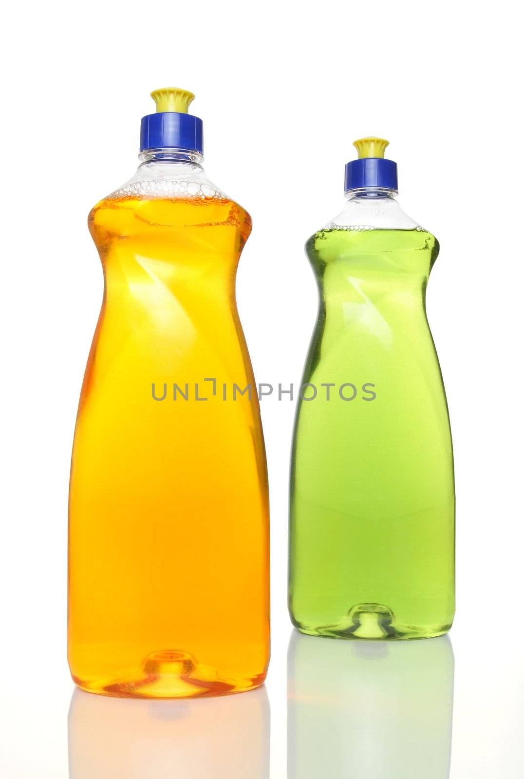 Two colourful bottles of dishwashing liquid by anikasalsera