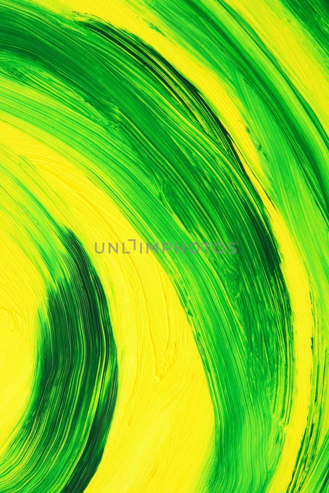 Green and yellow oil-painted abstract curves. Texture of brush strokes.