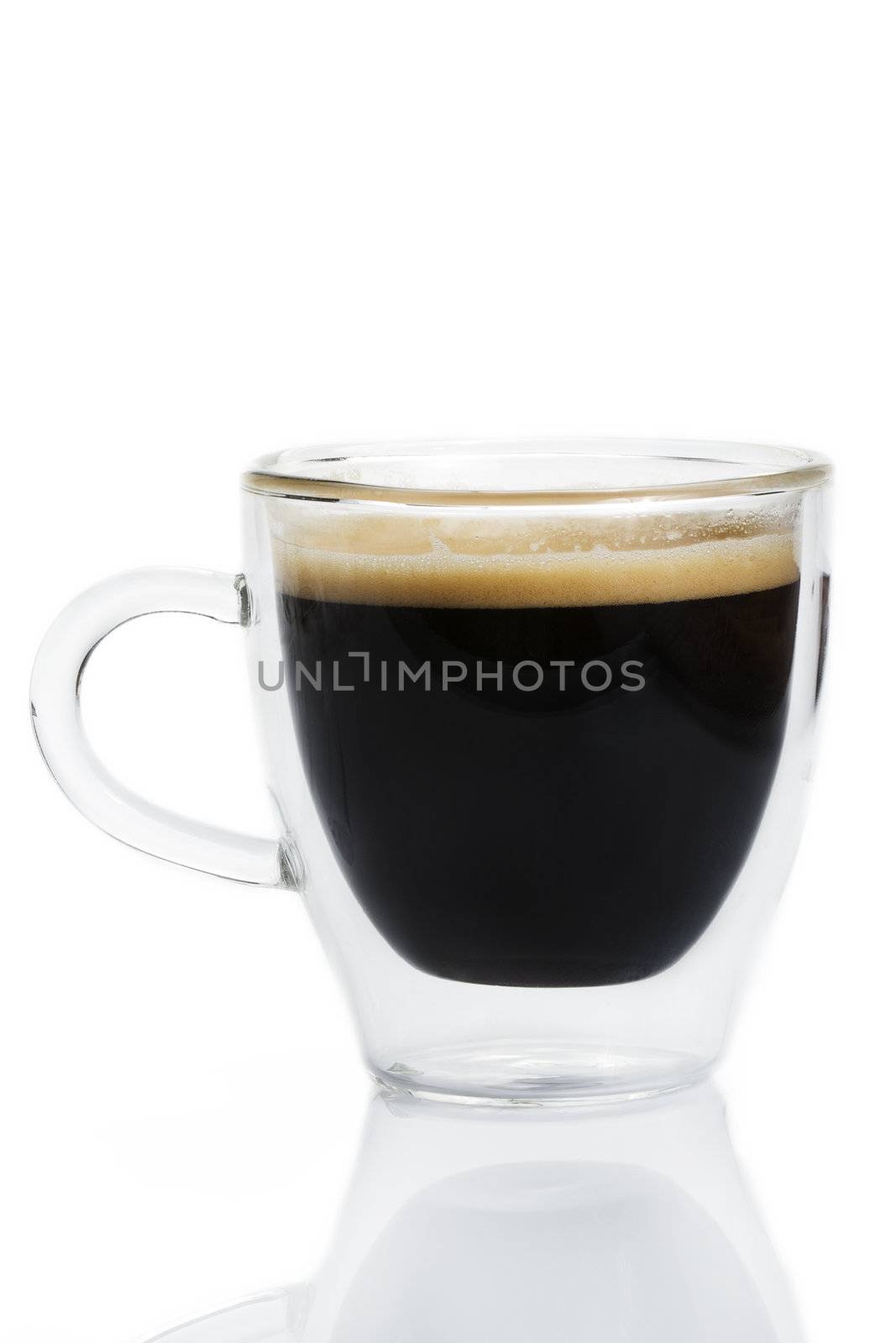 espresso coffee in a glass cup on white background