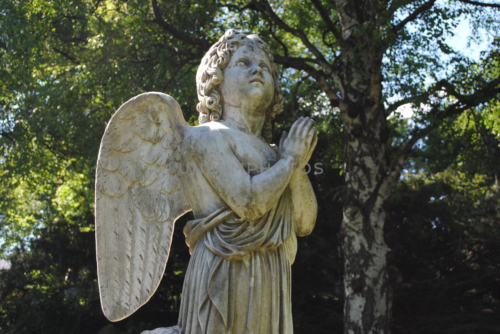 A praying angel statue.