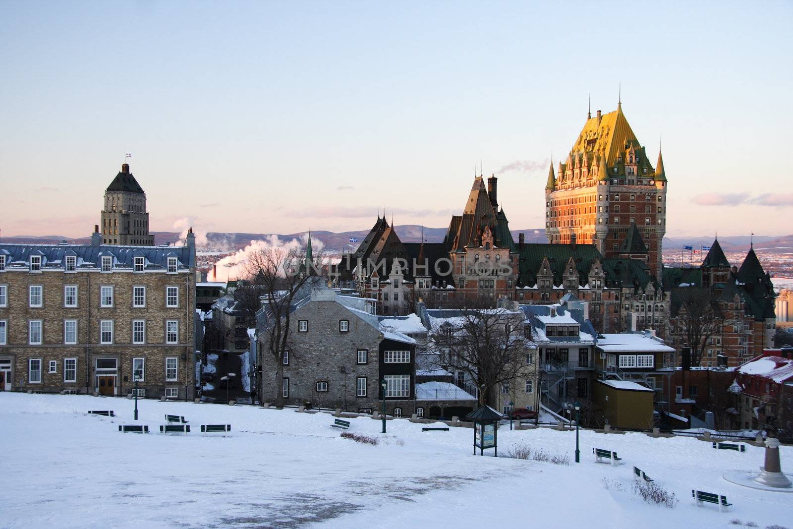 Cityscape of Quebec City showing its most famous landmark, Chateau Frontenac. Winter