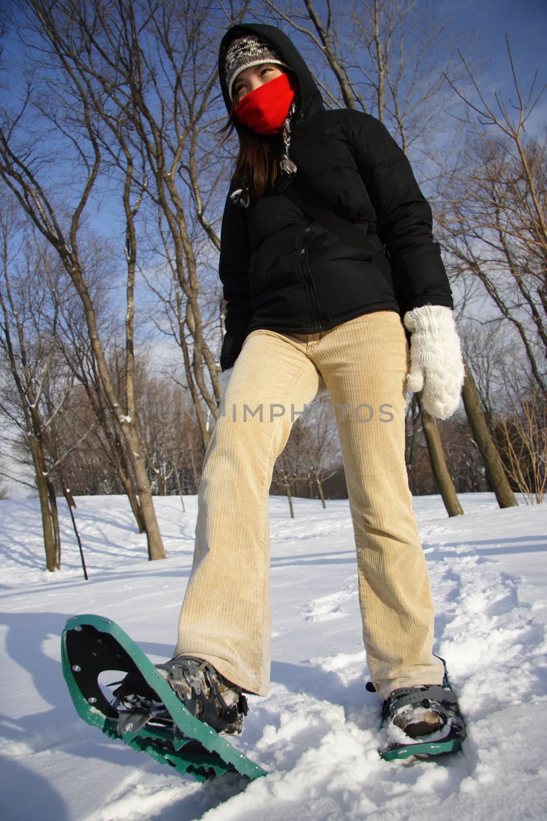 Young woman hiking with Snow shoes / Rackets in Quebec, Canada