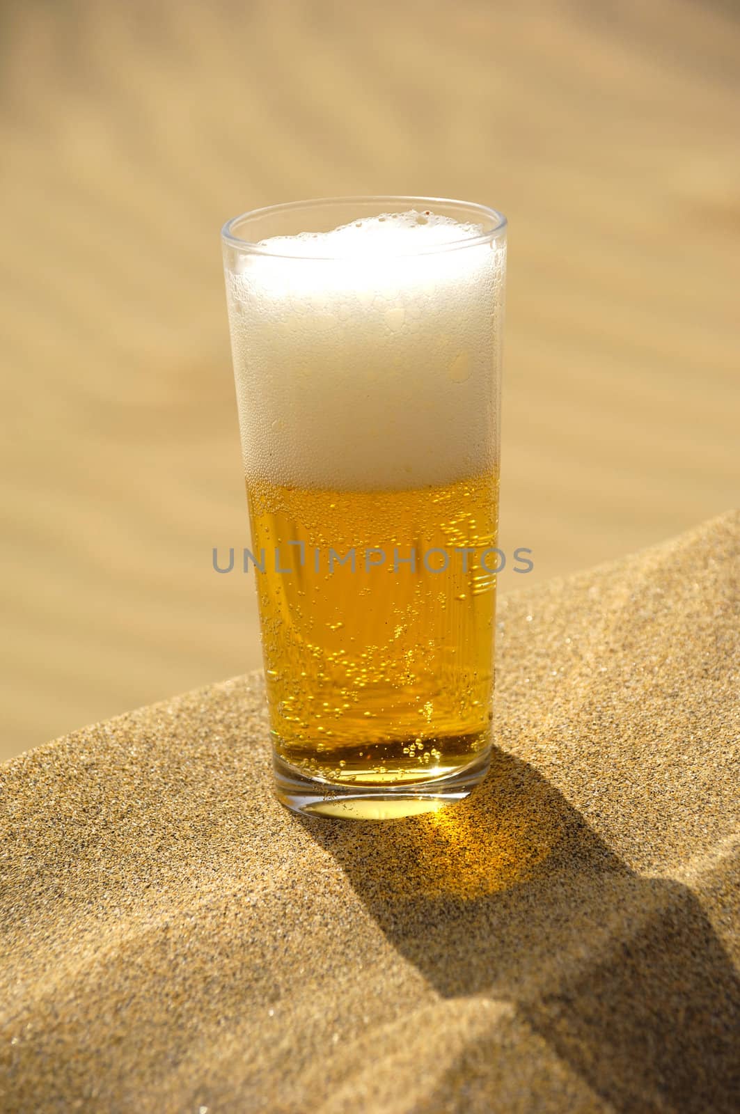A glass of fresh beer in a desert. 