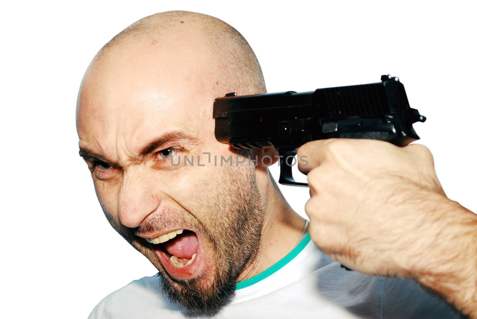 man with a gun on his hand isolated on white