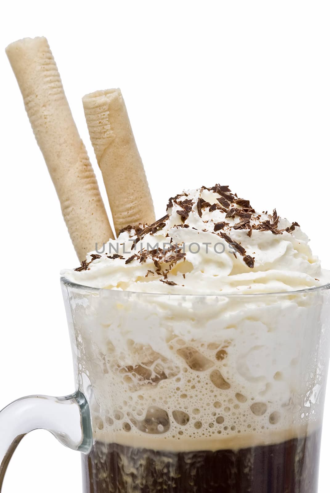 A cup of coffee with whipped cream on a white background.