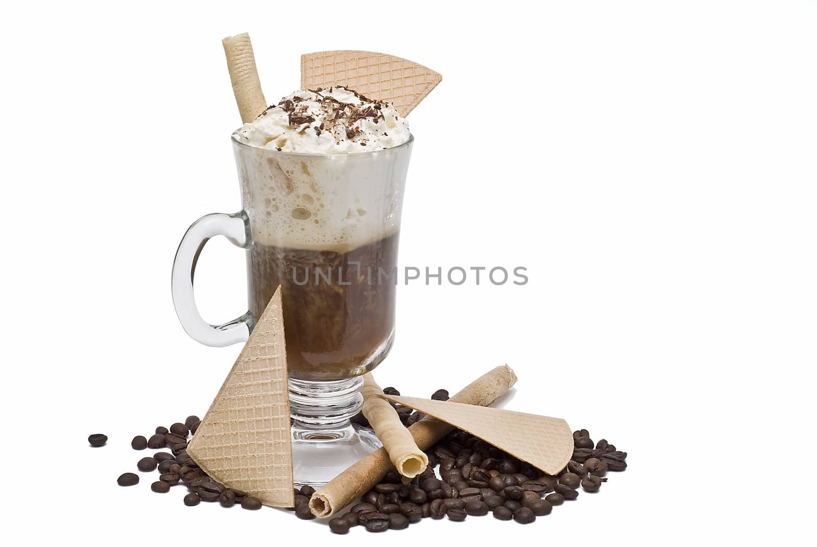 A cup of coffee with whipped cream on a white background.