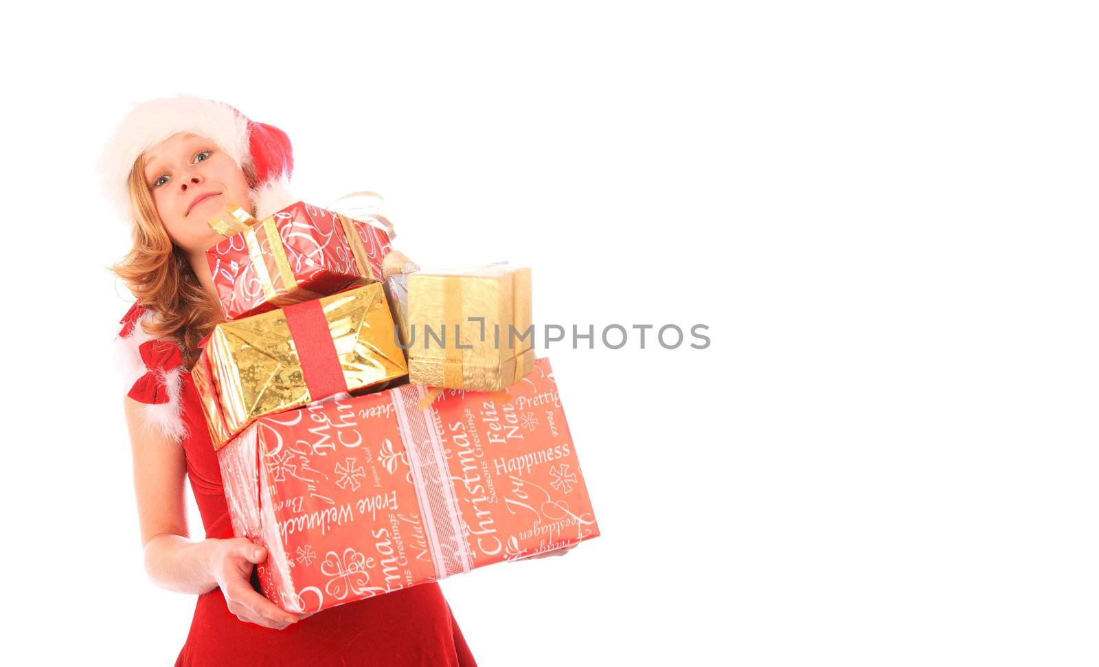 Miss Santa is Carrying too Many Presents - White Space on the Ri by PixBox