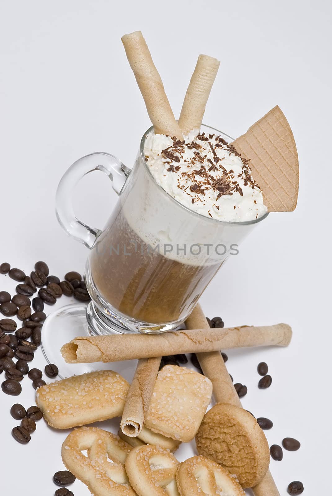 A cup of coffee with whipped cream on a white background.