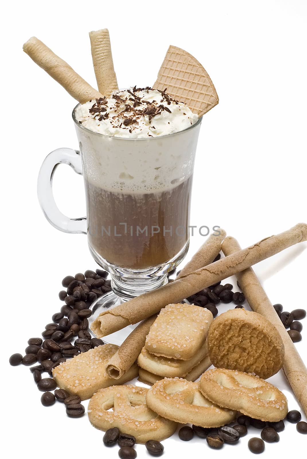 A cup of coffee with whipped cream on a white background.