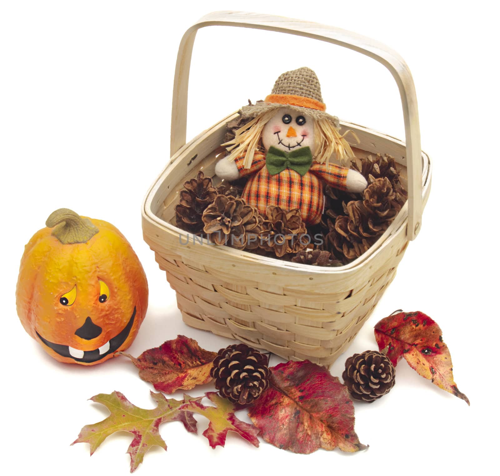 Basket of pine cones with colorful Fall laves by waxart