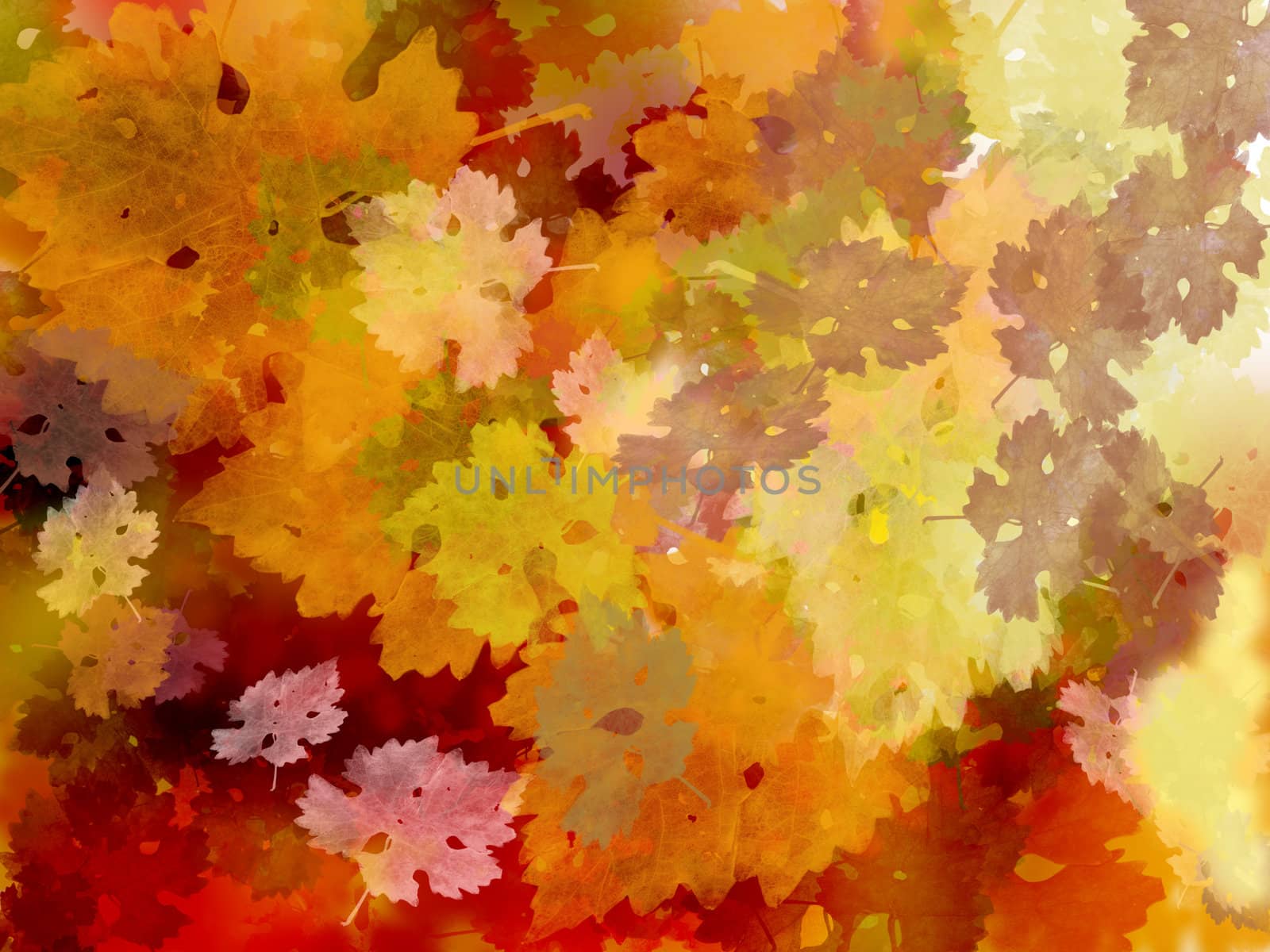 Edge-to-edge design of multiple colorful vine-leaf shapes. Good seasonal background.