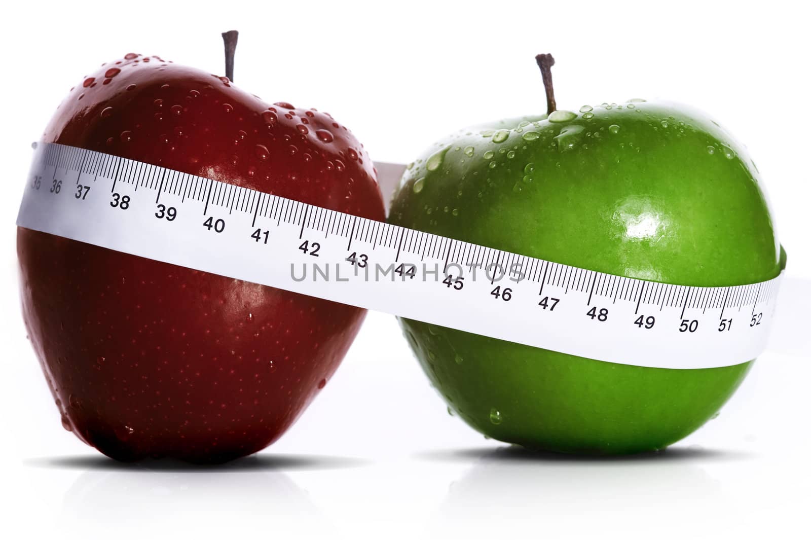 two apples with measure tape over white