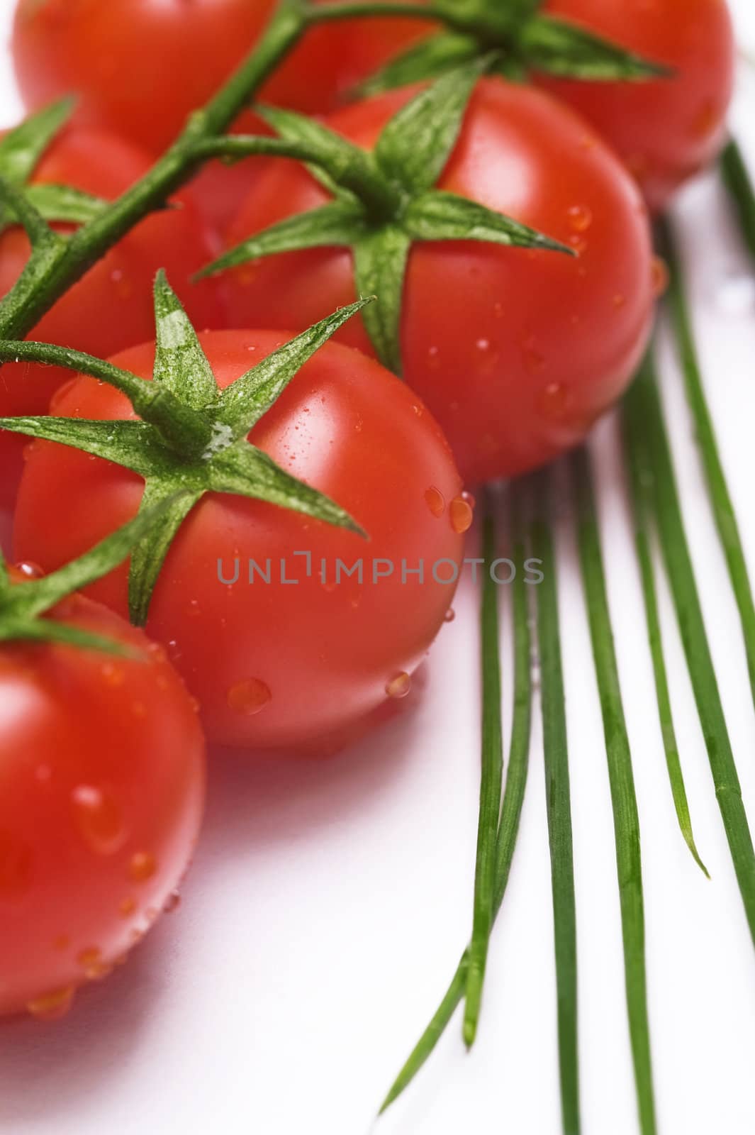 fresh wet tomatoes and chive on the table