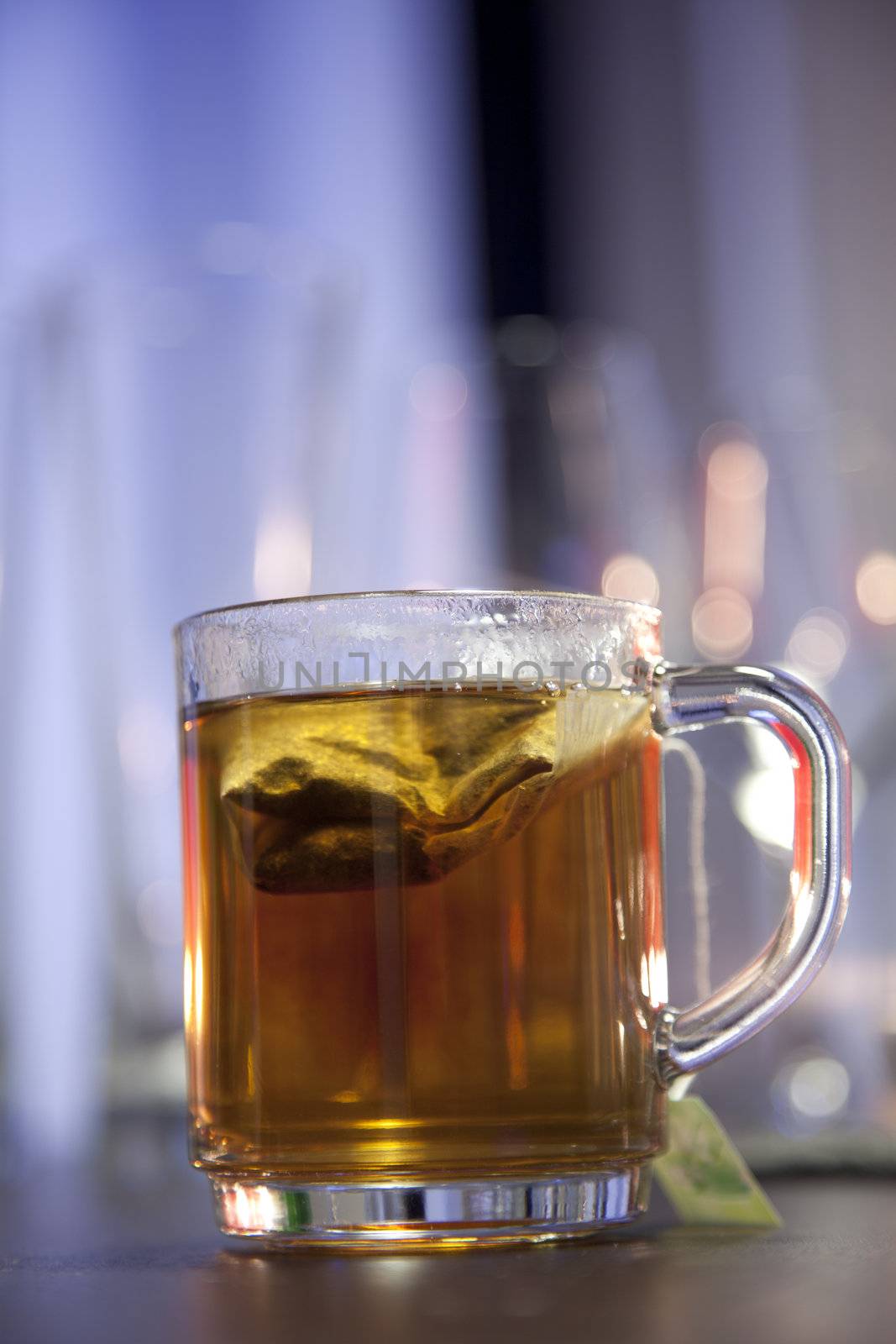 Fresh hot cup of tea with shallow depth of field.