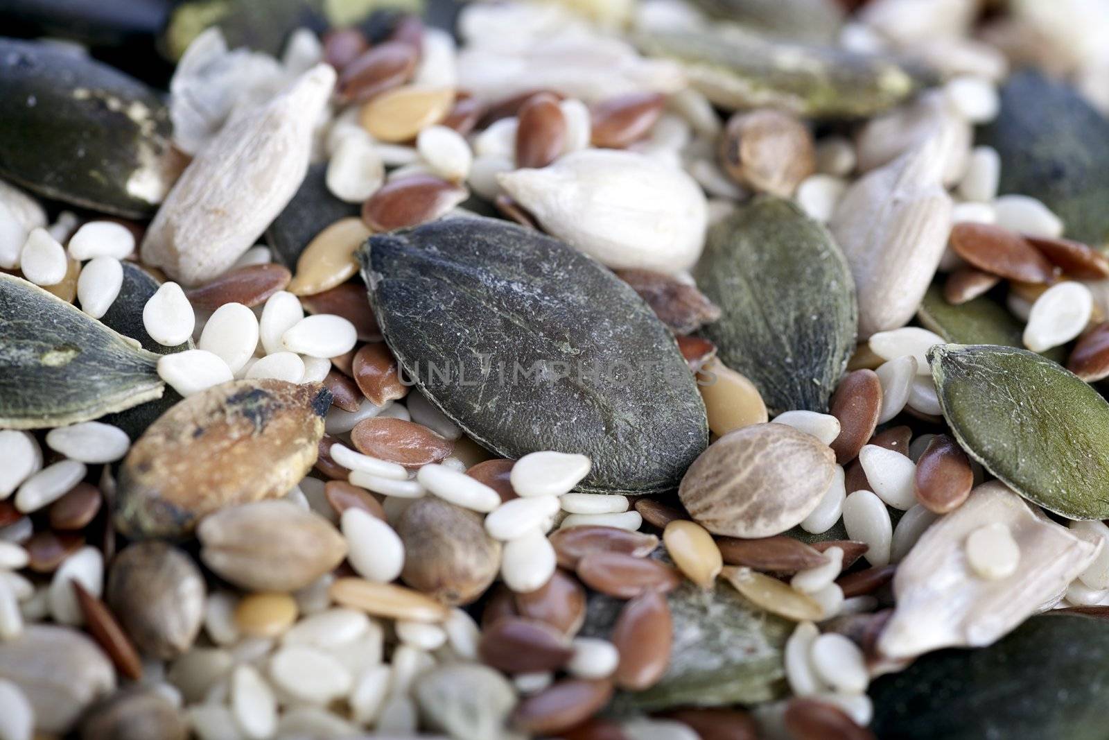 Closeup of mix of seeds high in omega fatty acids with pumpkin seed in center.
