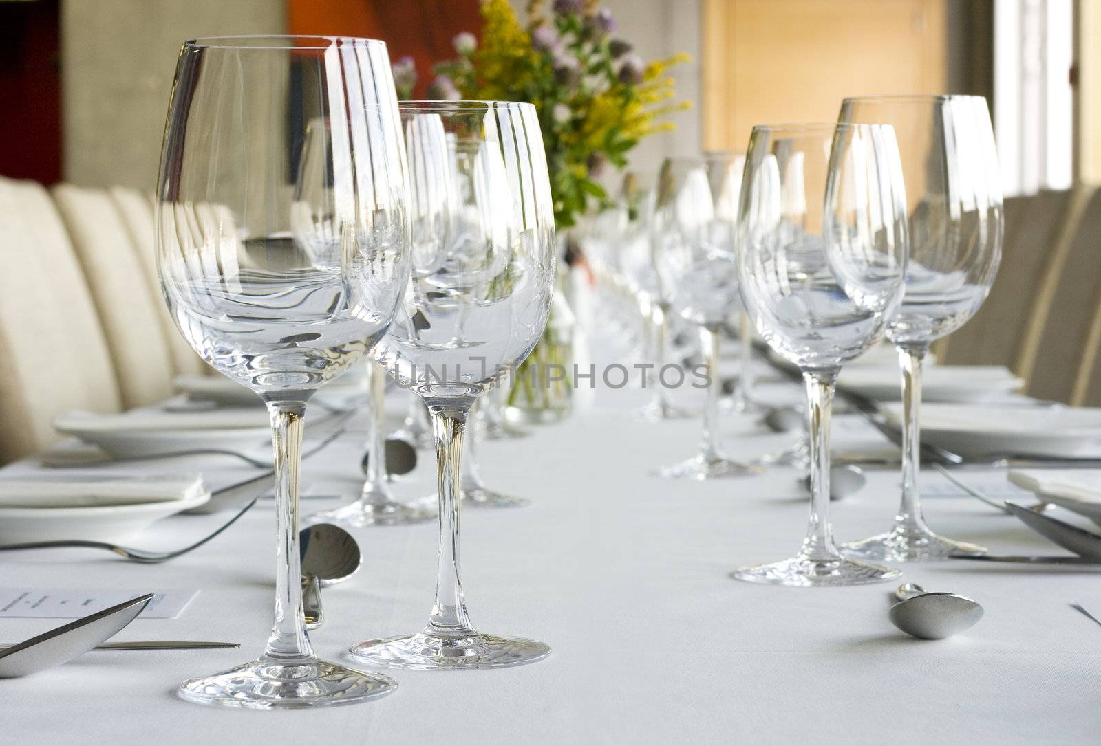 Banquet table setting in gourmet restaurant