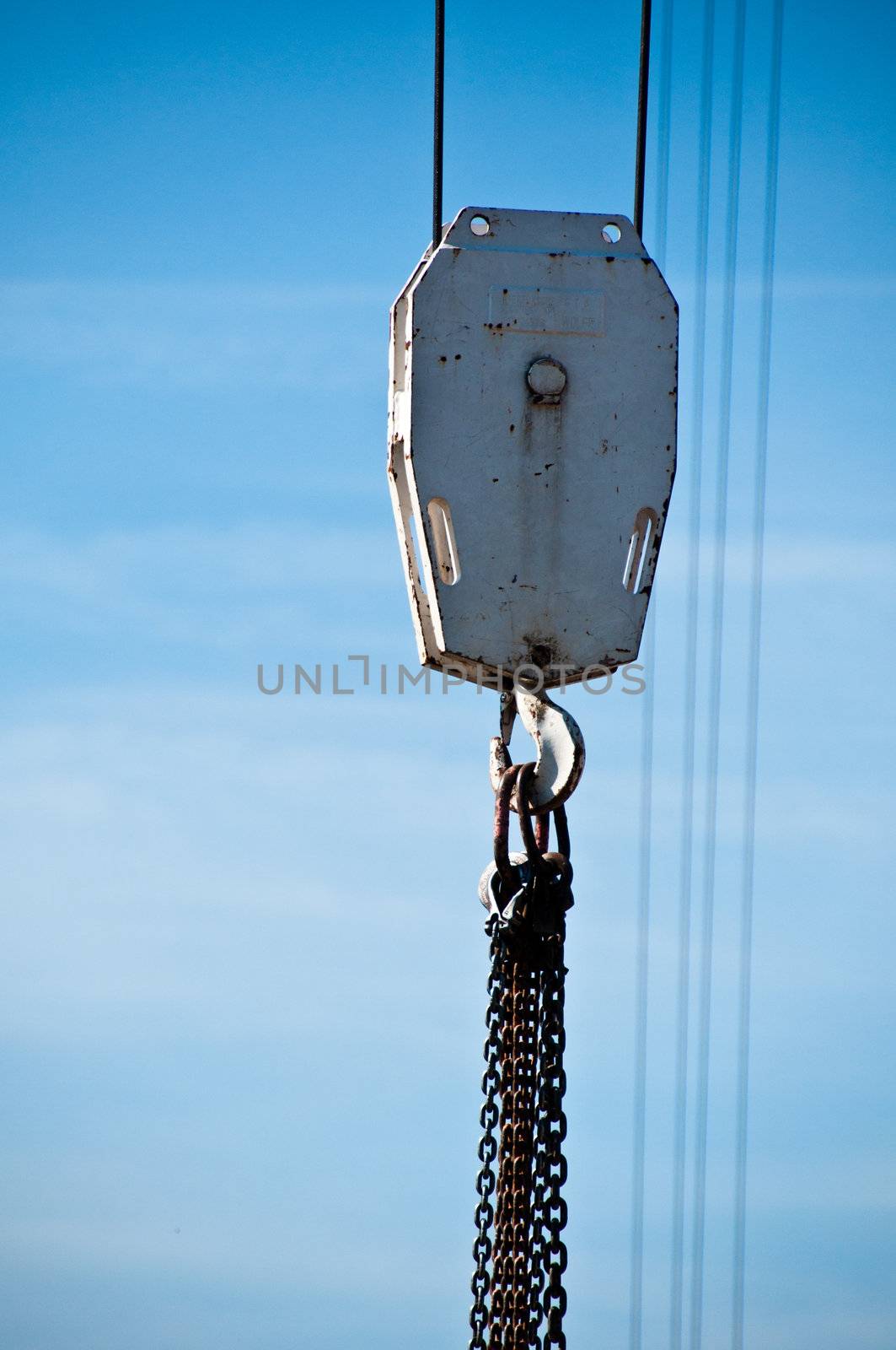 Closeup of large hook of construction crane on site