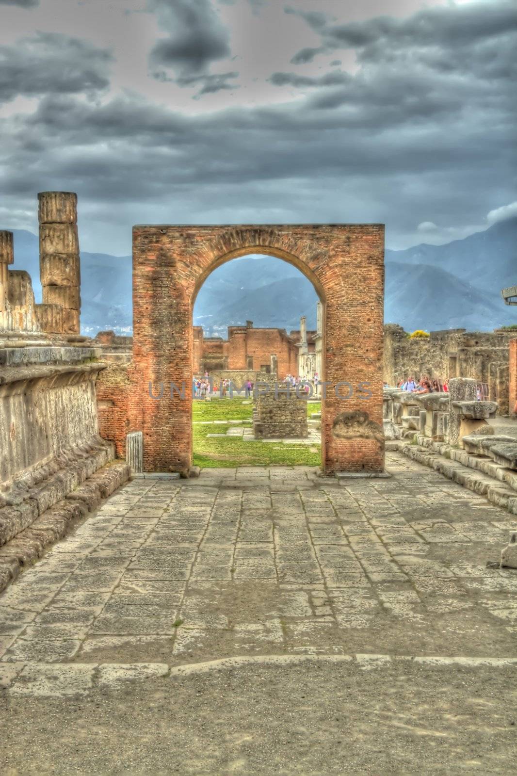 Columns in the city of Pompeii processed to appear as if they were painted.