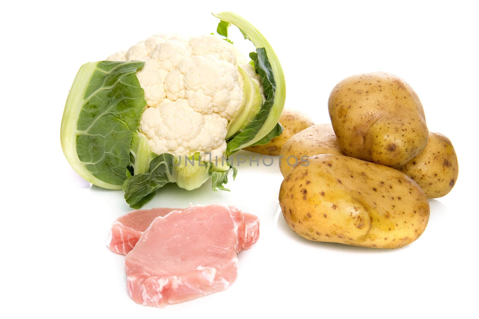 cauliflower, potatoes and meat on a white background