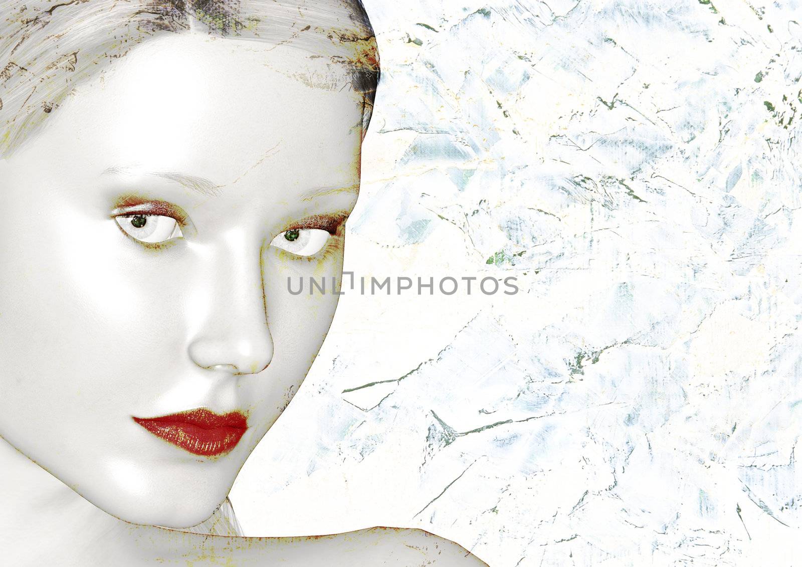 beautiful woman on speckled blue and white background by paddythegolfer