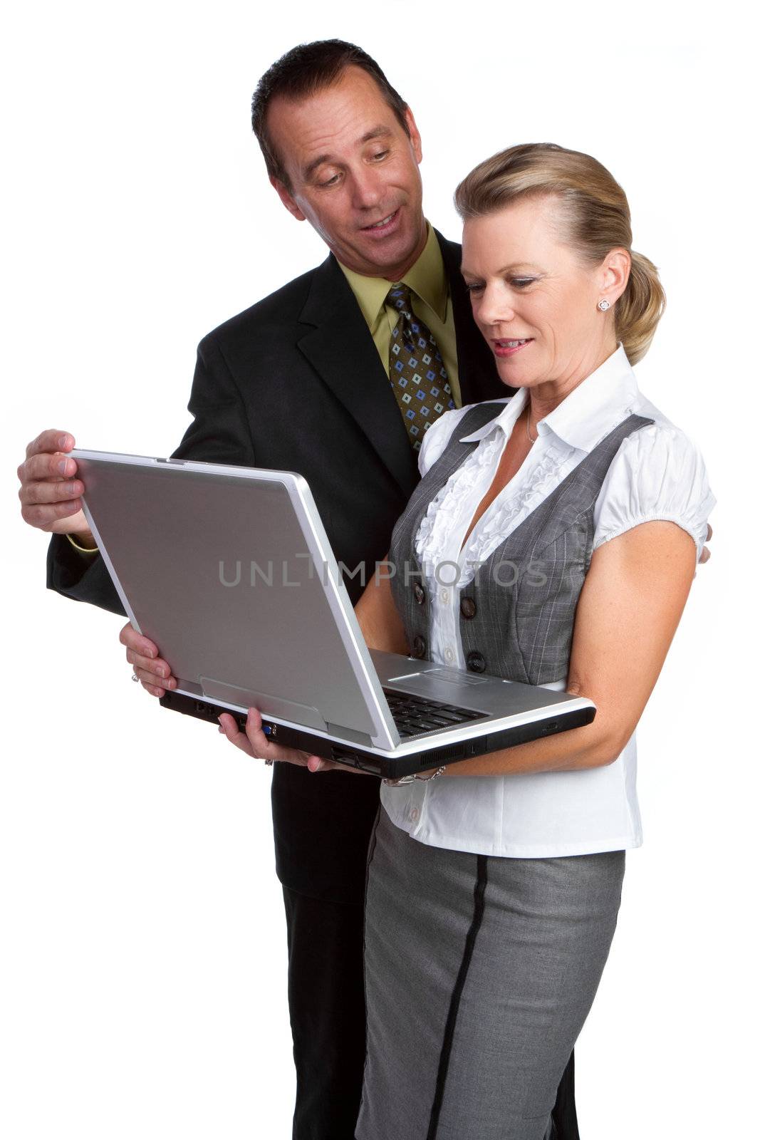 Two business people holding laptop