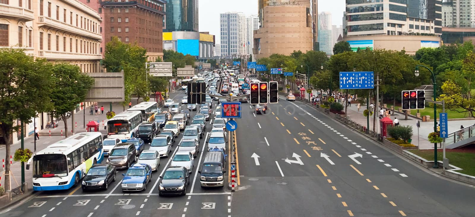 Traffic jam stopped by a traffic light in Shanghai, China