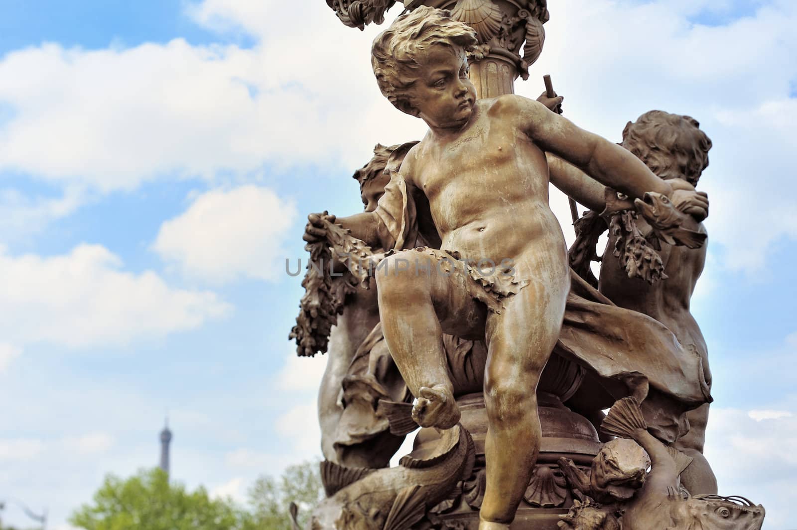 Sculpture cherubs at the lamppost on the bridge Alexander's III in Paris. Photo with tilt-shift lens